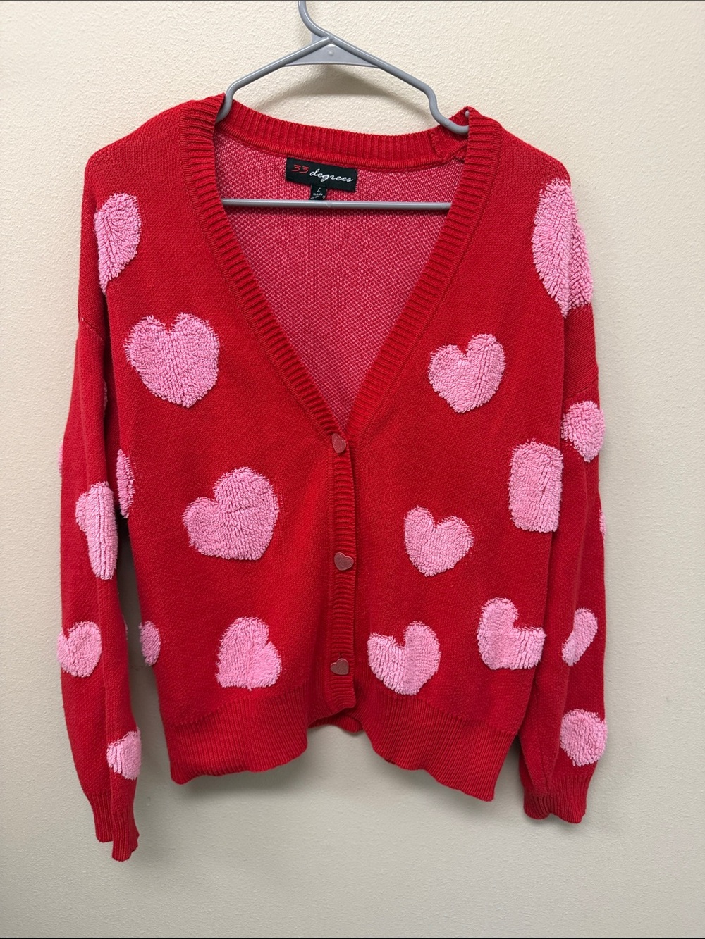 32 Degrees Red Cardigan with Pink Heart Motif